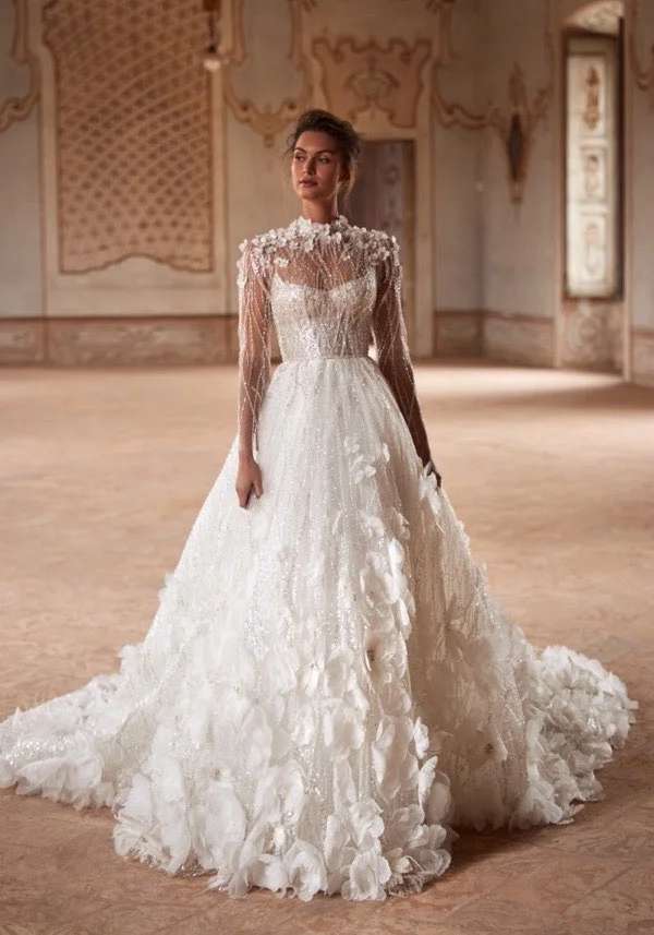 Customized 2026 Luxury A-line 3D Lace Bead Embroidered Two Piece Women's Wedding Dress Sexy V-neck Bareback Beach Bridal Dress
