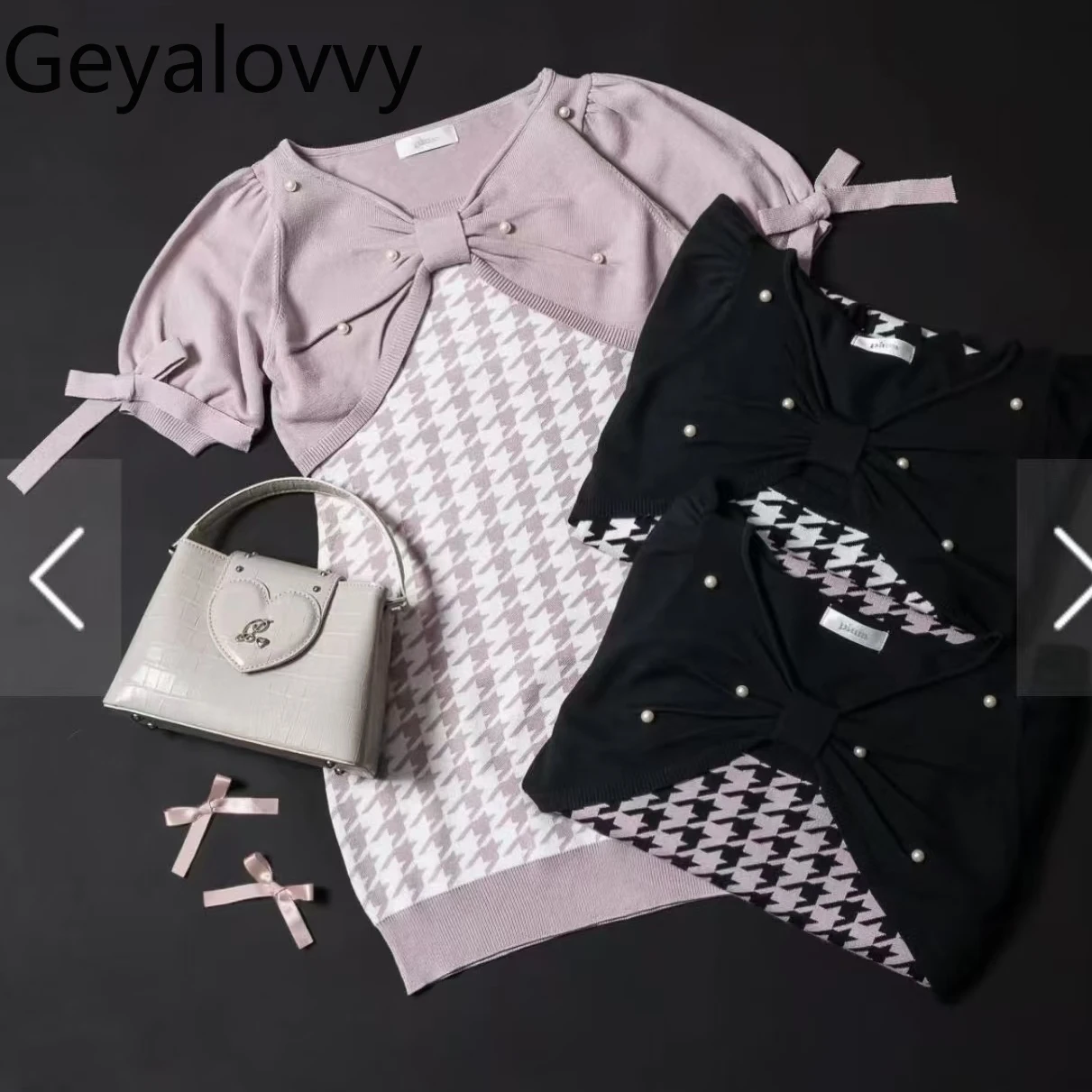 

Japanese Sweet Style Versatile Sweet Girls Slim Fit Houndstooth Print Knitted Camisole Dress and Short Cardigan Two Piece Set