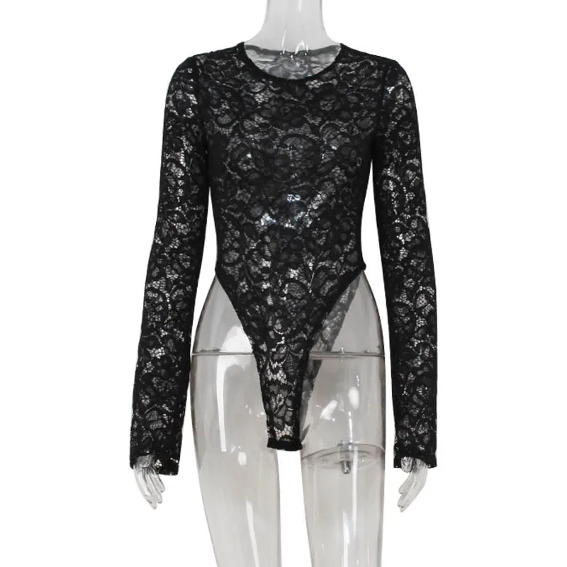 

Fashionable Sexy Lace Women Bodysuit Long Sleeved Perspective Slimming Jumpsuit Hot Girl Outfit