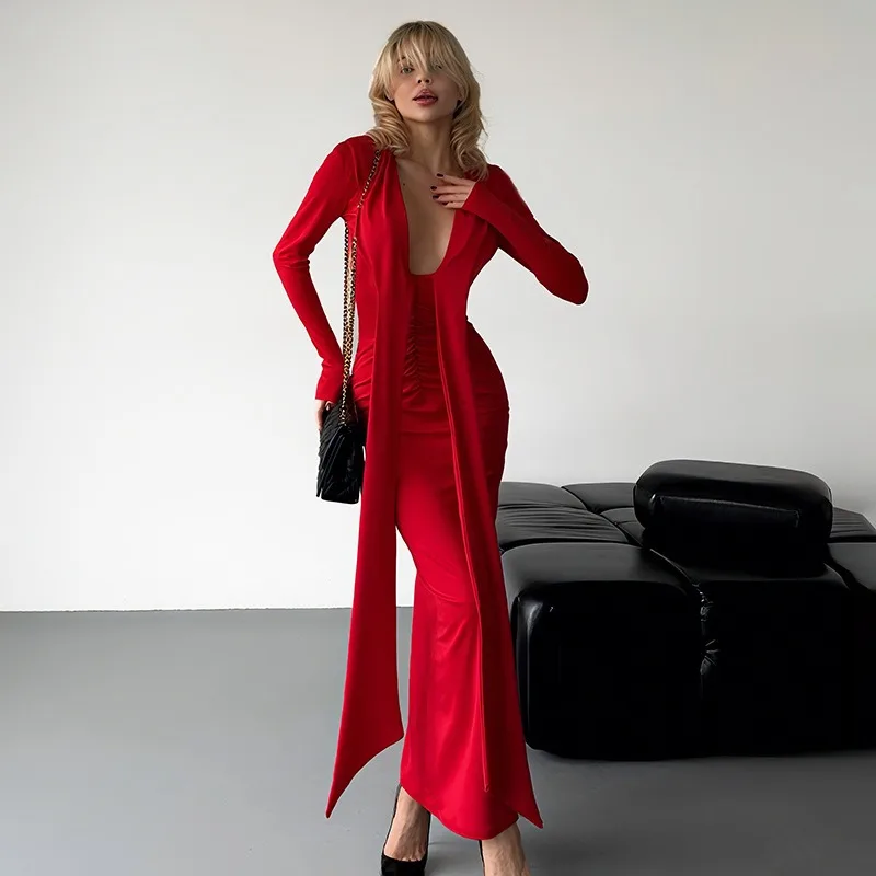 

Ticketsx Red Deep V-Neck Long Dress Women's Fashiona Pleated Scarf Ribbon Long-Sleeved Dress Elegant Luxury Party Evening Dress