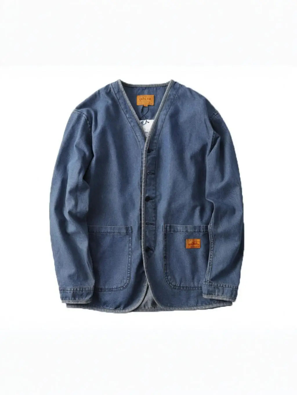 سترة يابانية ثقيلة مغسولة من قماش الدنيم للرجال معطف رجالي ربيعي بدون ياقة