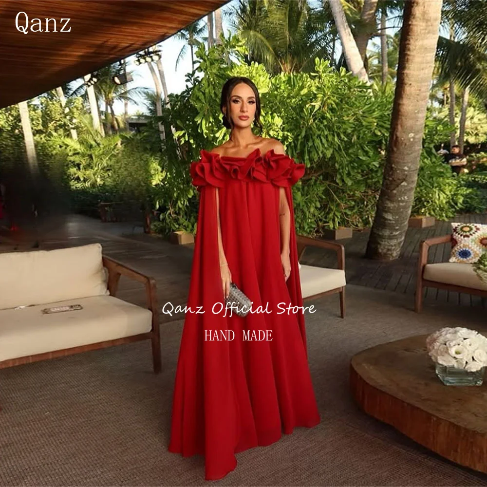 

Qanz Red Beach Evening Dresses Draped Sleeves Wedding Guest Dress Chiffon Party Formal Gown Special Occasion Gown Customized