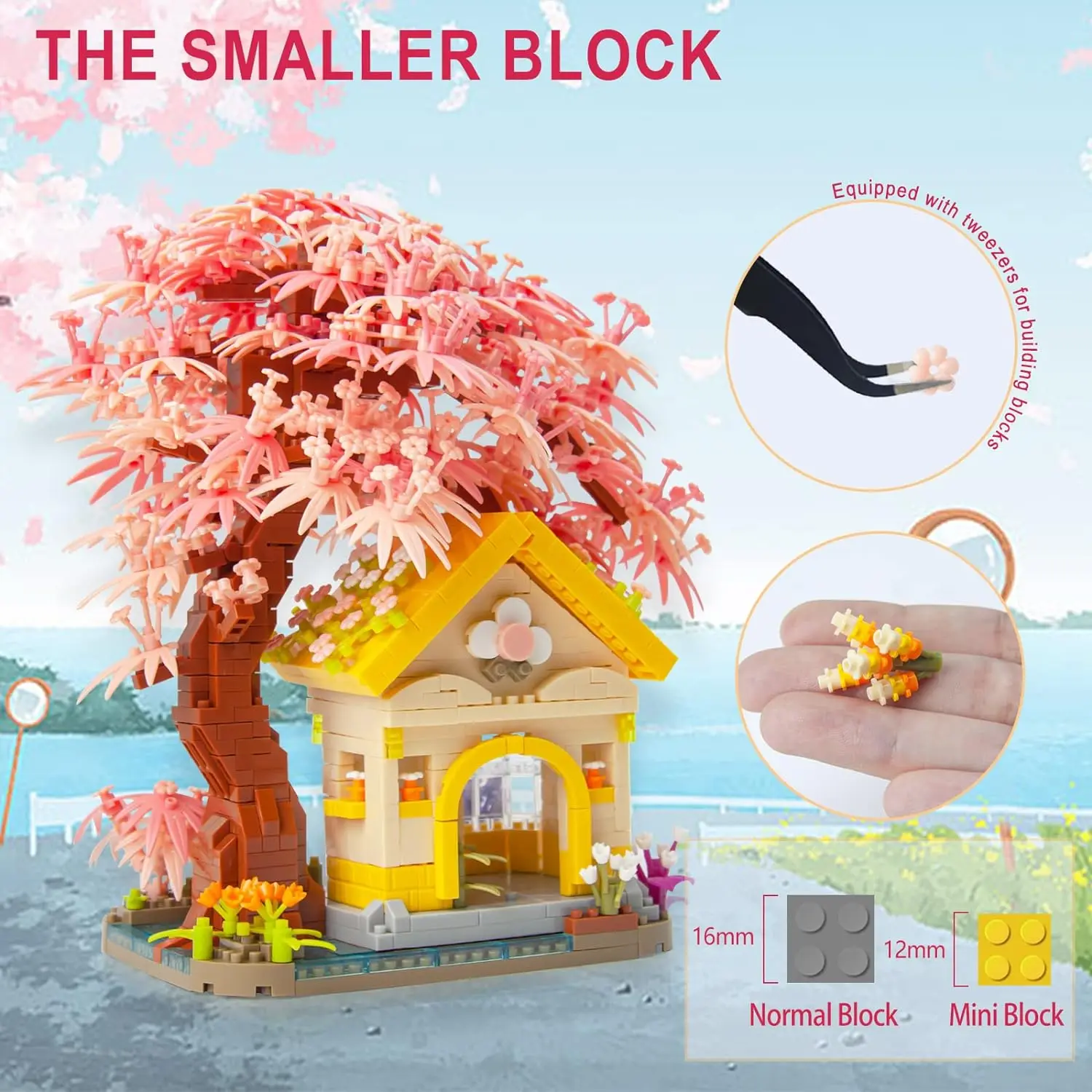Cherry Blossom Potted Tree House Mini Building Block ชุด Cherry Blossom Plant Mini Building Block ของเล่นเด็กตกแต่งของขวัญ