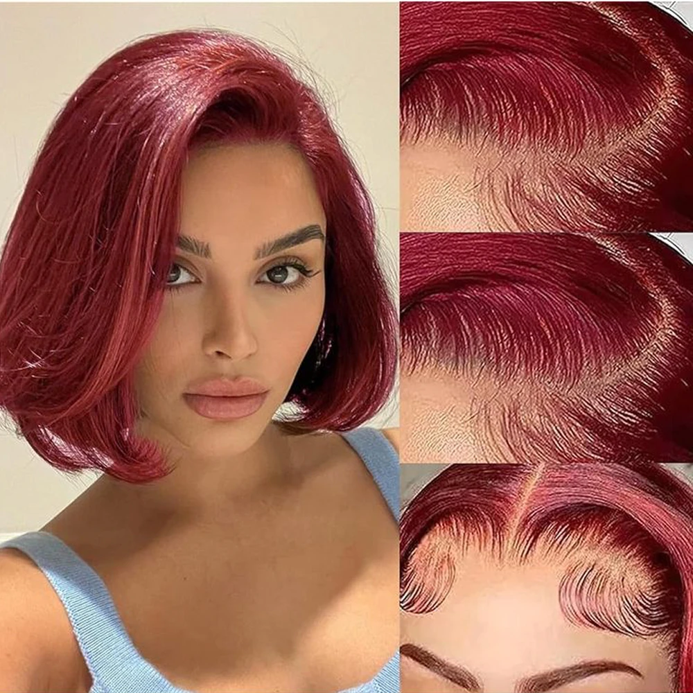 

99J Lace Front Bob Wigs Human Hair 180% Density 13x4 Burgundy Glueless HD Transparent for Black Women Natural Hairline 10-14inch