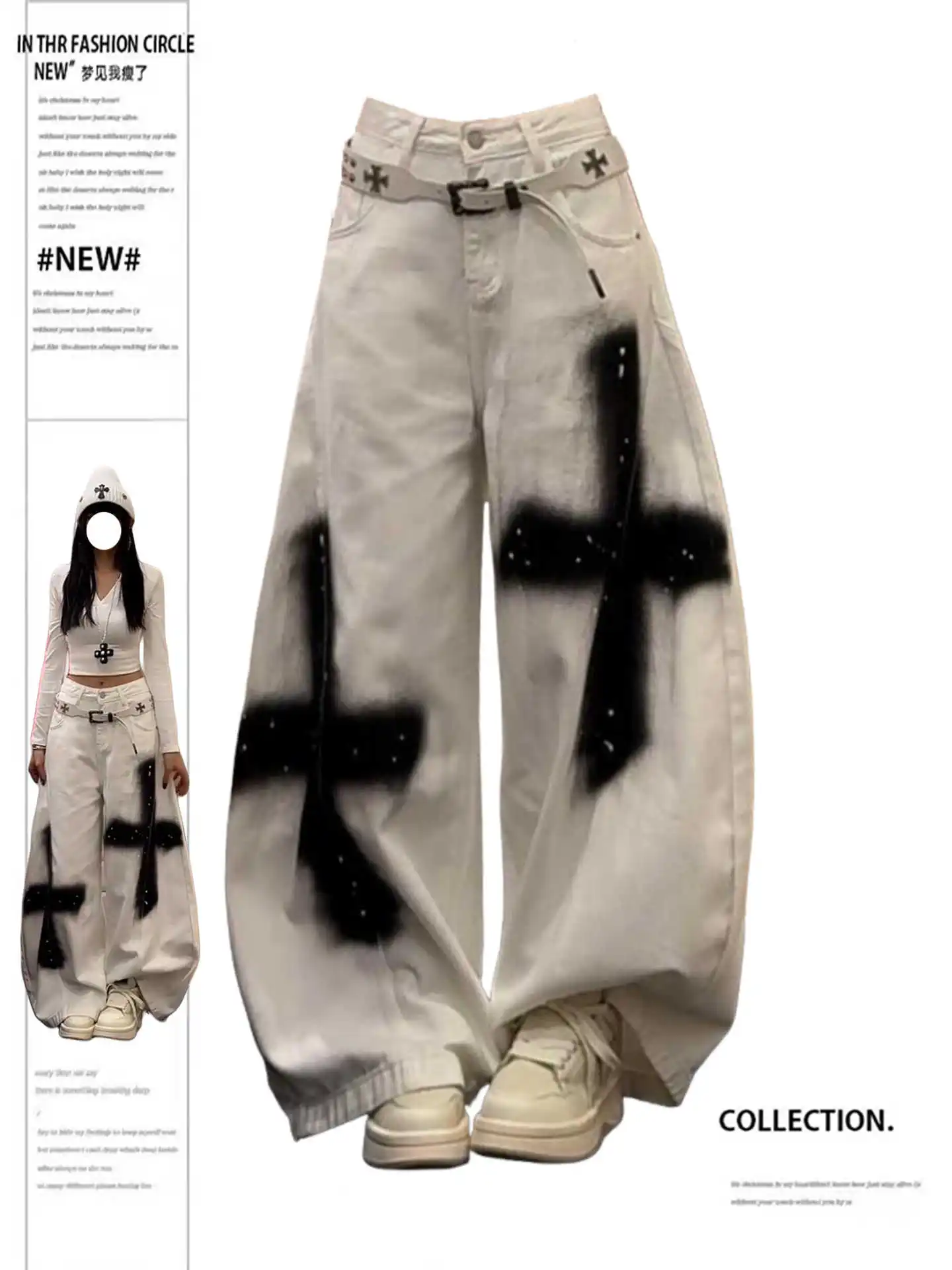 Women's Baggy Jean Goth Cross Graffiti Y2k Japanese 2000s Streetwear Dark Academia Denim Pants Y2k Long Trousers Harajuku Wide