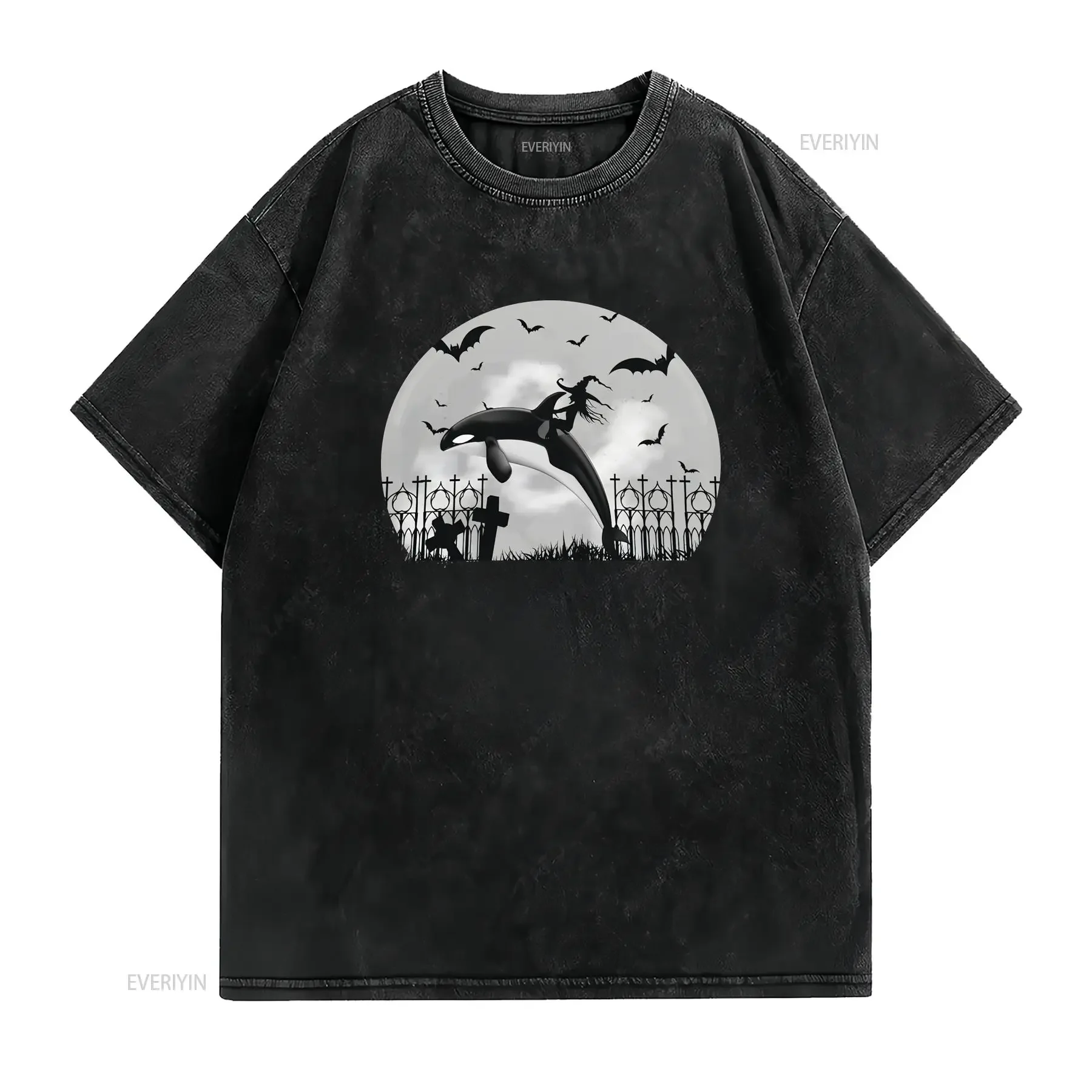 Orca Killer Whale Moonlight Funny Halloween Costume T shirt vintage Washed Stretched Versatile Top For Everyday Wear Unisex