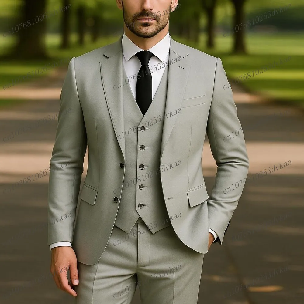 

New Grey Men Suit Wedding Party Formal Occasion Groom Groomsman Prom Business Male Tuxedos 3 Piece Set Jacket Vest Pants