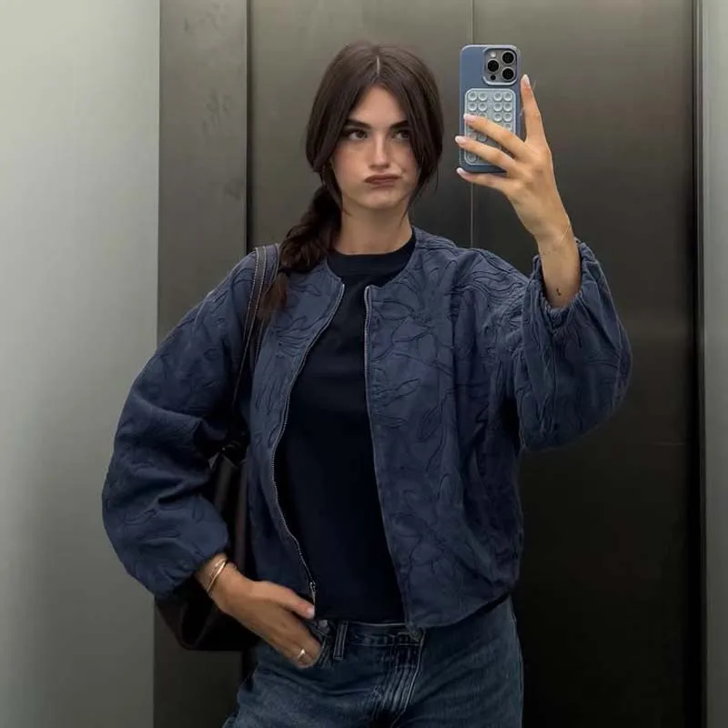 

YENKYE Women Spring Autumn Embroidery Bomber Jacket Front Zipper O Neck Long Sleeve Casual Loose Short Coat