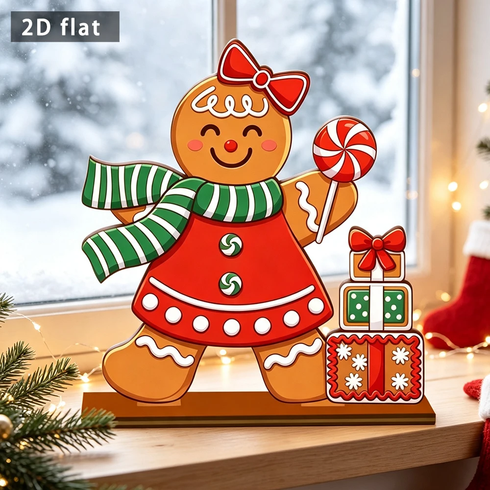 Christmas Girl Gingerbread Man Table Sign 2D Flat Wooden Desktop Ornament Winter Home Party Decor