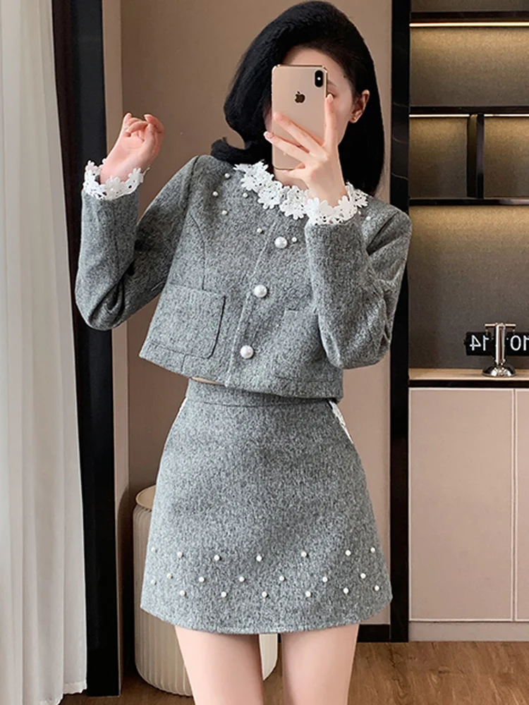 Autumn Winter Fashion Tweed Two Piece Set New Women Sweet Lace O-Neck Single Breasted Short Coat+Mini A Line Skirt Elegant Suits