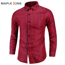 M-7XL Long Sleeve Red Black Striped Shirts For Men Classic Slim Fit Office Social Dress Shirt Mens Business Vintage Chemise Tops