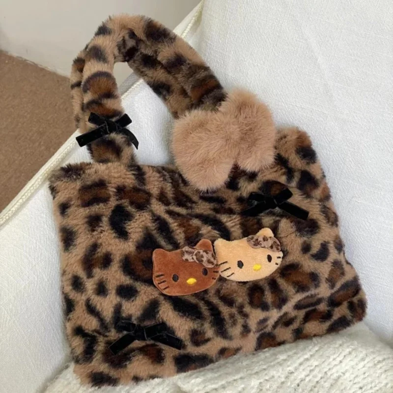 

Fashionable Sweet Leopard Print Hello Kitty Fur Plush Handbag Kawai Sanrio Anime Peripheral Girl Gift Portable Luxury Storage Ba