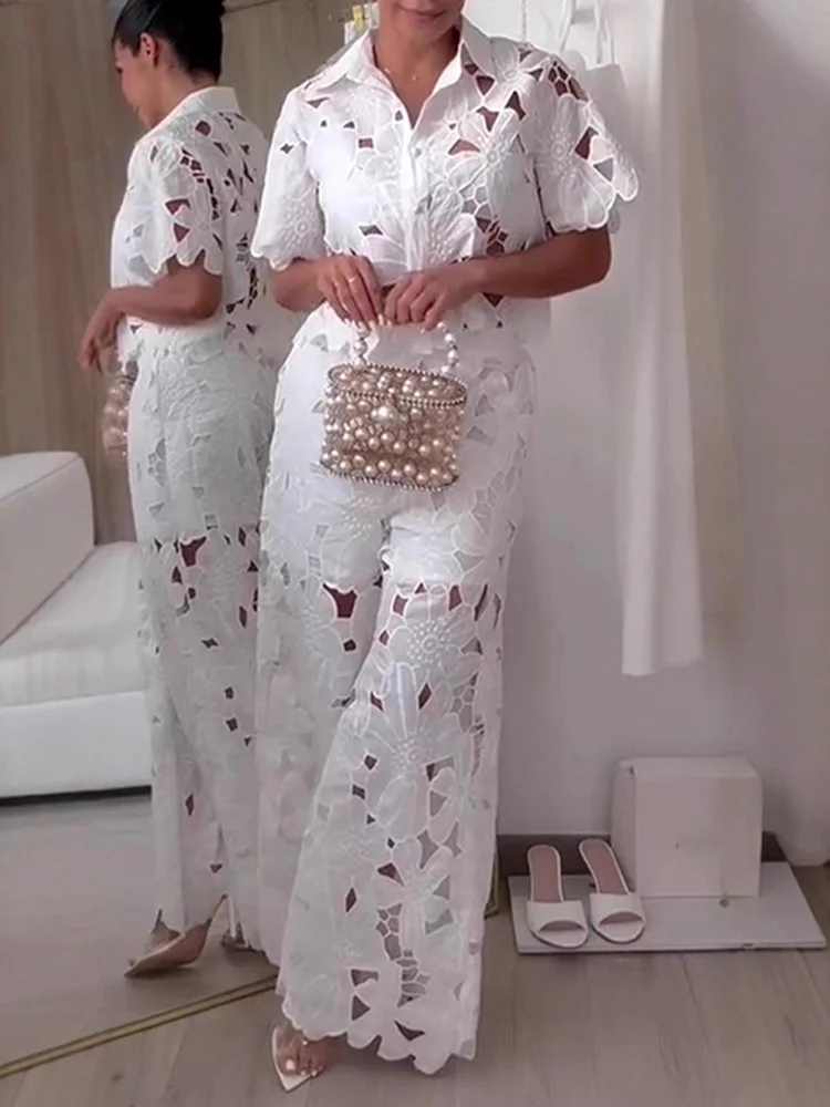 Conjuntos informales de encaje liso con agujeros para mujer, Tops de manga corta y pantalones de pierna ancha, conjuntos elegantes y sencillos para ir al trabajo