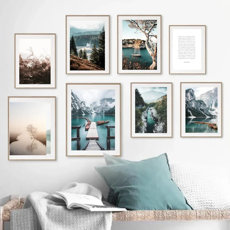 Bridge boat green lake mountain scenery sofa bedroom bedside background wall canvas decorative painting core