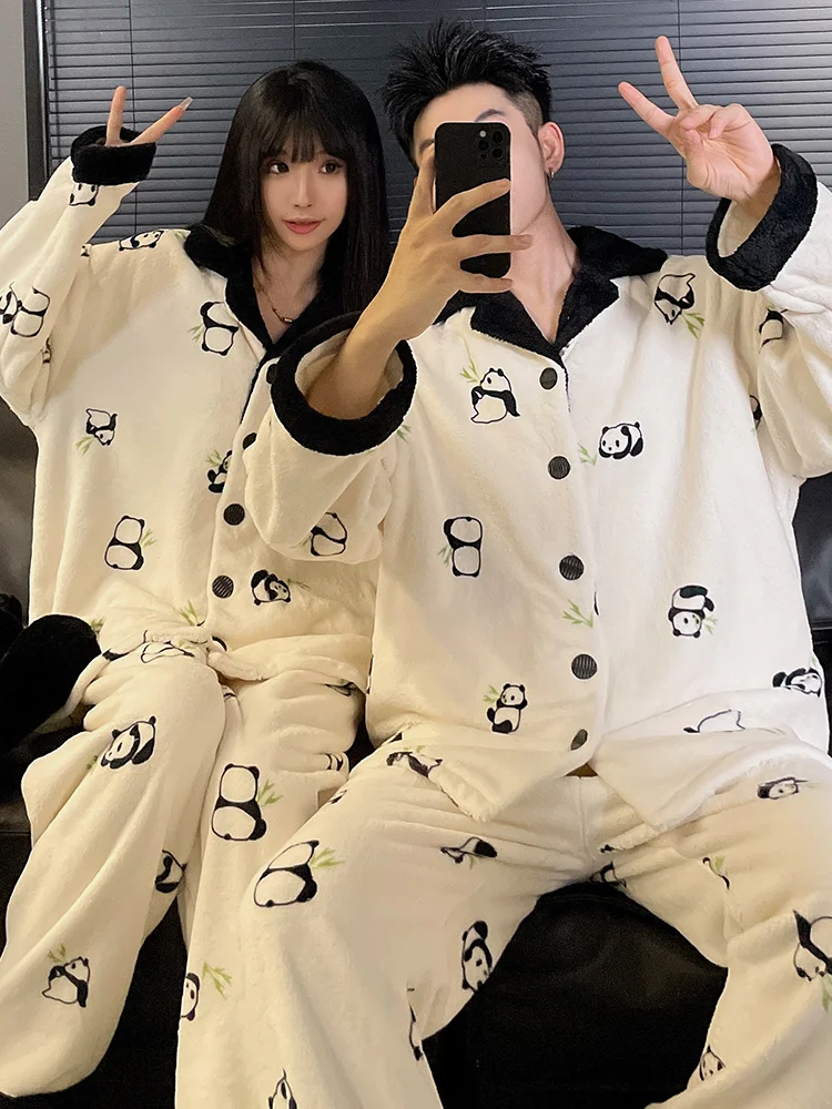 DAIMELU couple pajamas women's autumn sleepwear winter set coral fleece male thickened cute panda flannel men's loungewear suit