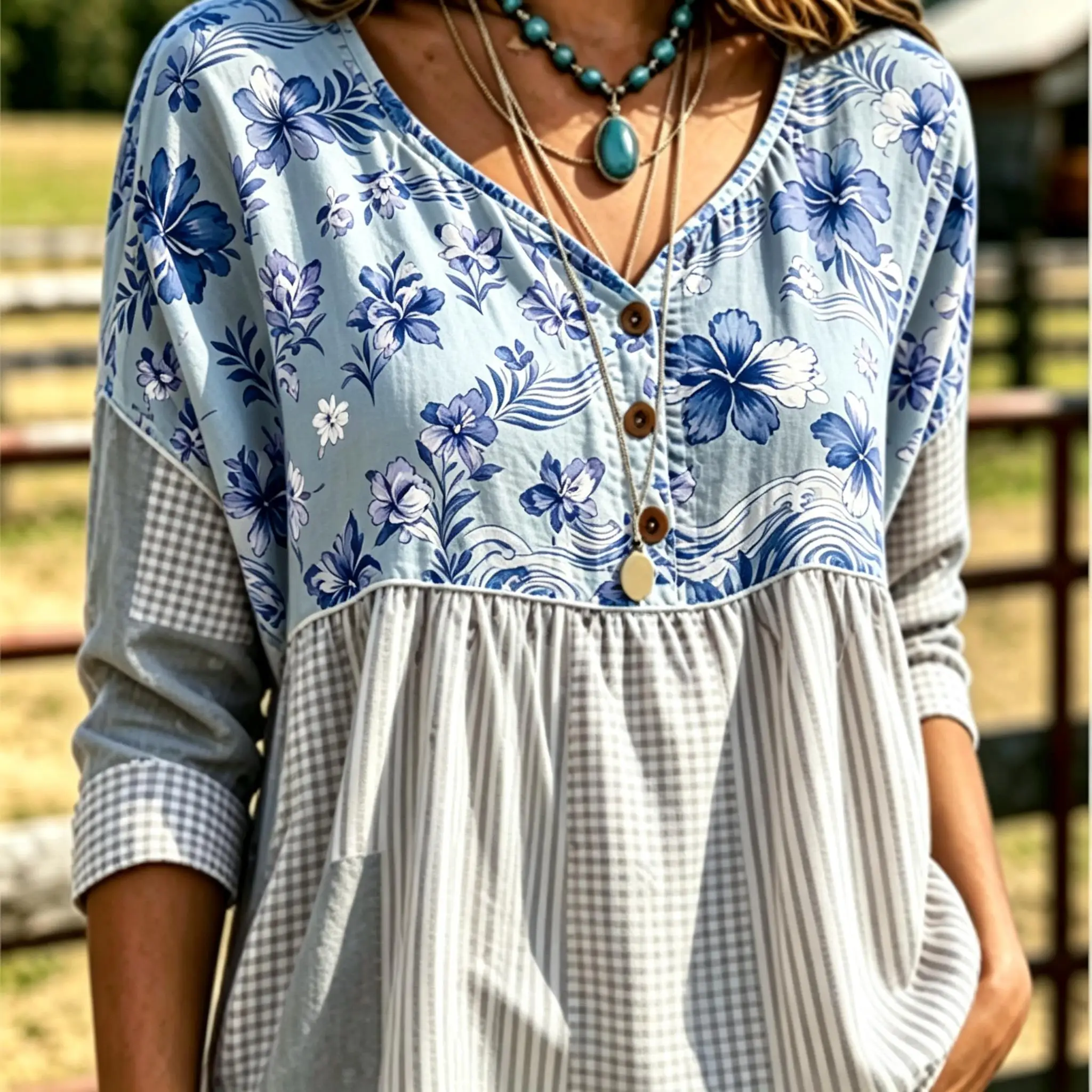 Women Blue Flower  Print V Neck Half Button 3/4 Sleeve Peplum Blouse Loose Babydoll Casual Daily Top