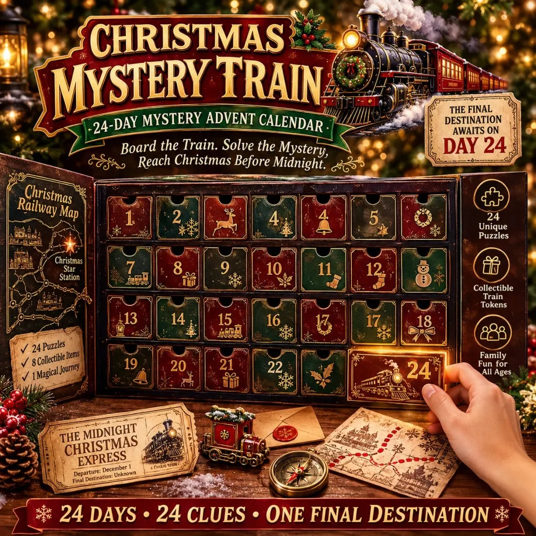 Calendario de Adviento de Aventuras Misteriosas de 24 Días, Juego de Rompecabezas Navideño con 6 Temas, Descubre Algo Nuevo Cada Día, Escape Room