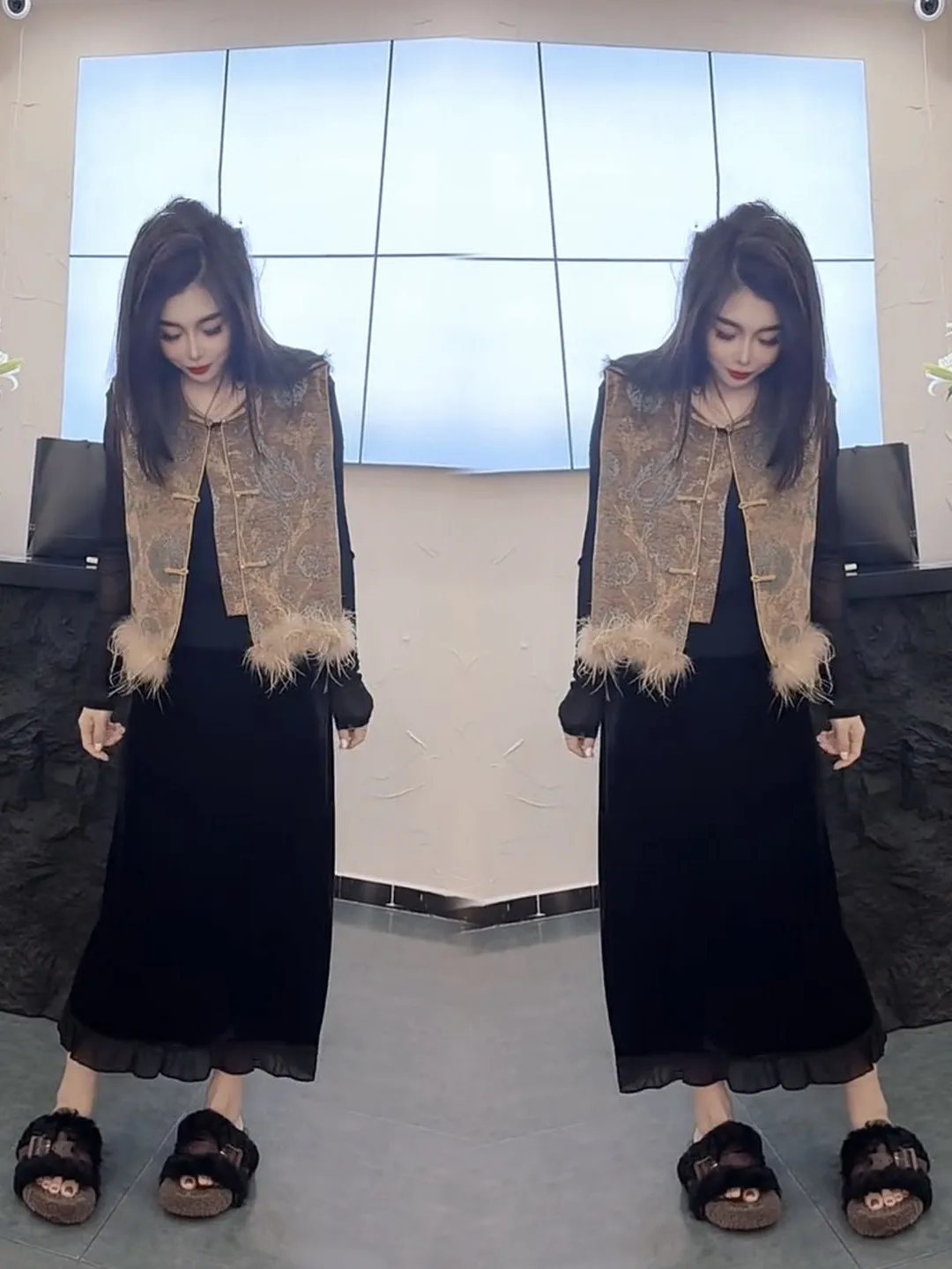 

Модный бархатный комплект из двух предметов в китайском стиле для женщин: осенне-зимний жилет и юбка с длинными рукавами и круглым вырезом, комбинированный дизайн