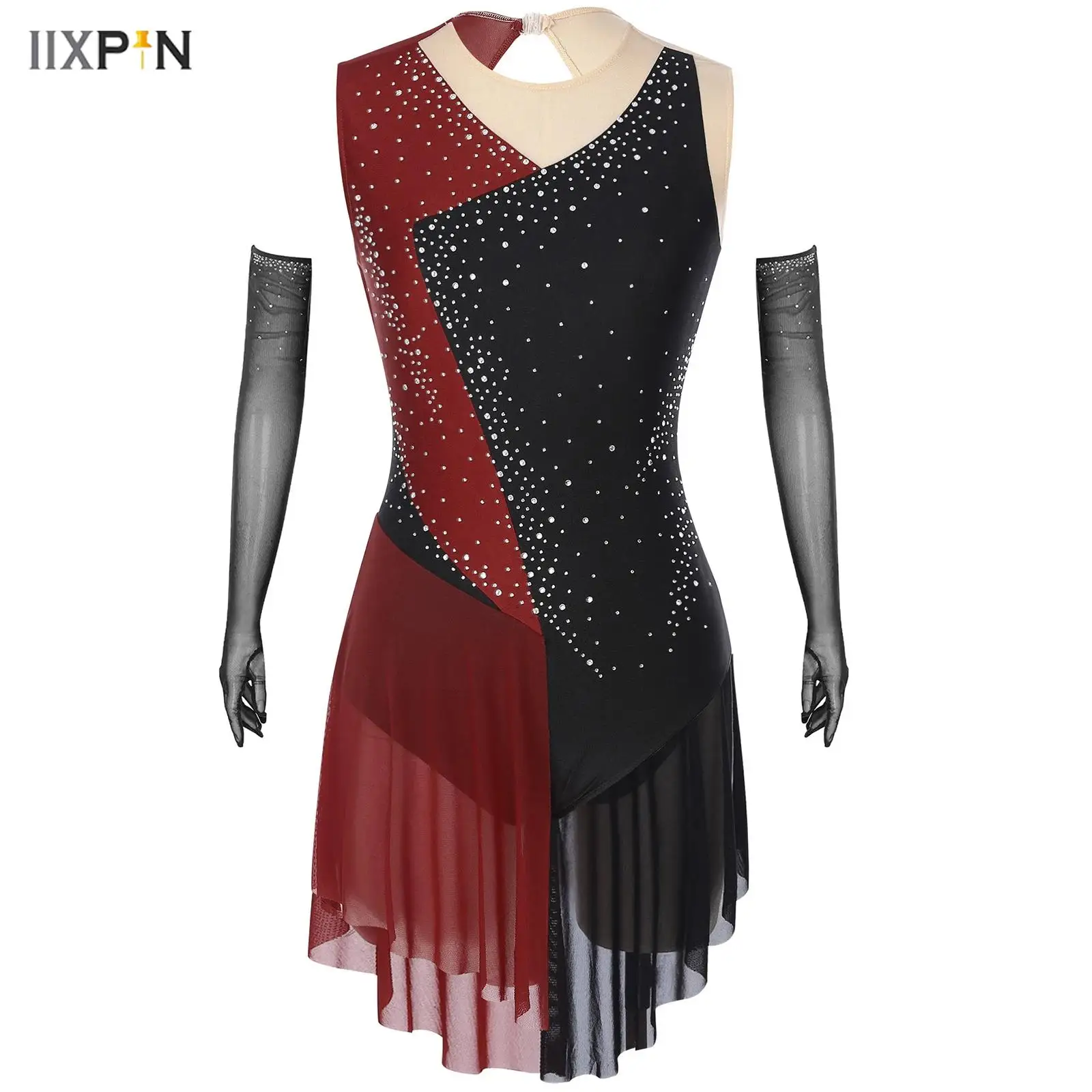 

Women's Glittery Rhinestone Lyrical Modern Dance Dress Color Block Asymmetrical Leotard Dress + Mesh Gloves Latin Dance Costume