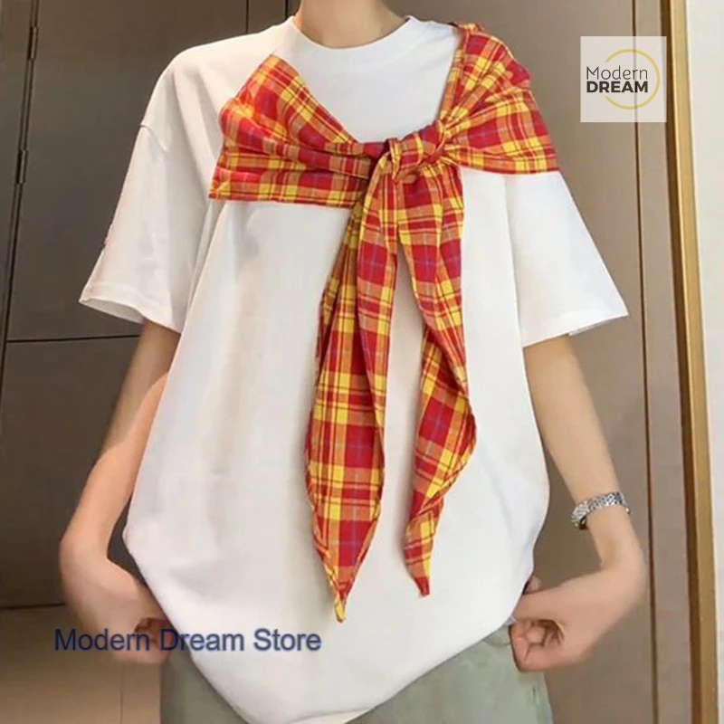 

American retro plaid bow short sleeve T-shirt women's summer new fashion design sense niche loose slim half sleeve top.