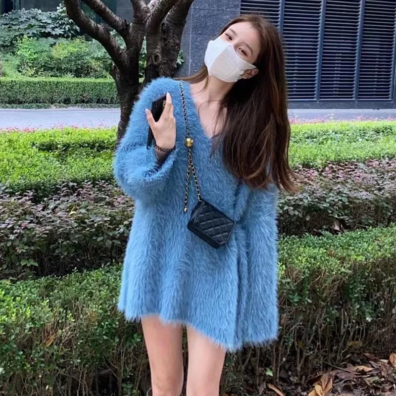 Ele V-Ne mittellange lange Pelz-Strickwaren, weich, weiß, sanft, für Damen, Faion Commute Sle, Kunstpelz, Wärme, Herbst und Winter