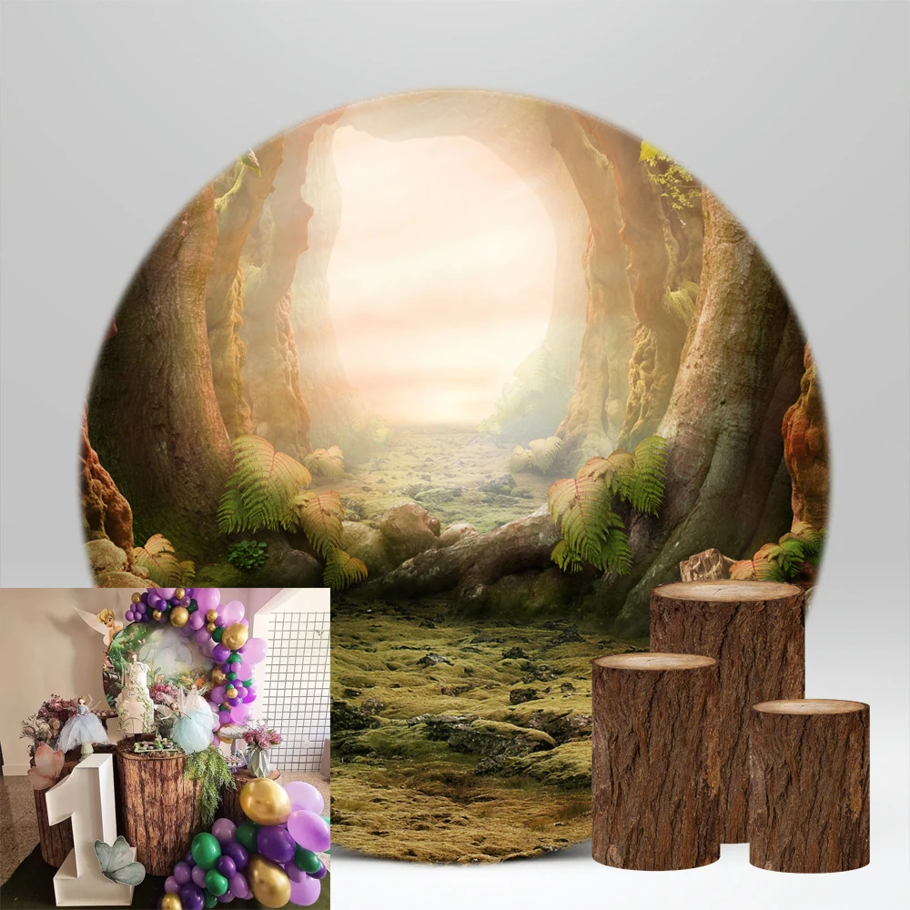 Jungle Forest Round Backdrop Enchanted Rainforest Natural Scenery Newborn Baby Shower Birthday Party Decor Circle Props NO-236