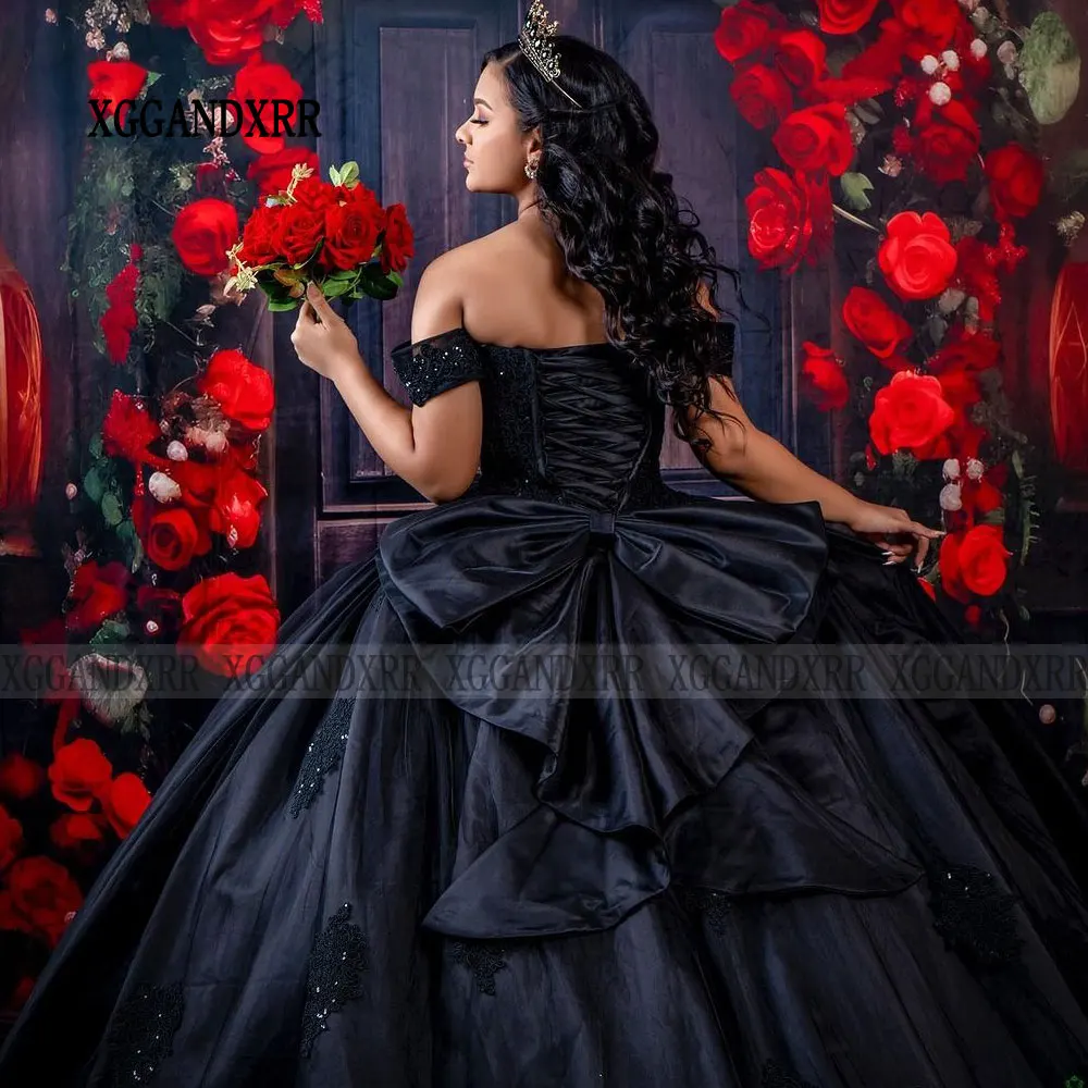 Robes Quinceanera noires élégantes pour filles, robe de soirée perlée, jupe bouffante, robe de princesse Sweet, grande taille, 15, 16, 15, 16, 2024