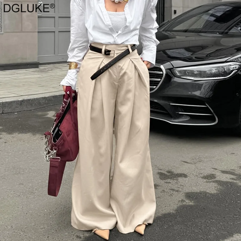 DGLUKE New In Wide Pants Woman 2024 High Waist Pleated Casual Pants Chic Khaki Palazzo Pants For women