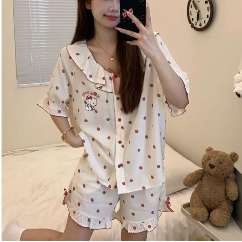 

Летние пижамы Sanrio Hello Kitty, женская ночная рубашка, шорты, одежда для сна с короткими рукавами, пижама с рисунком Kawaii, студенческий комплект домашней одежды