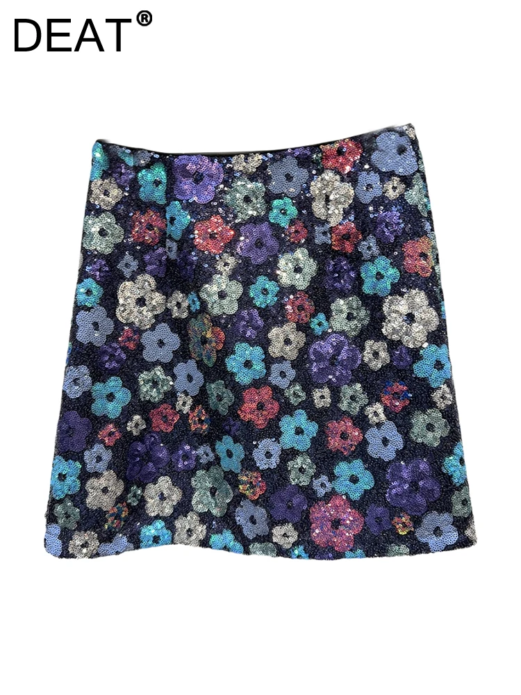 

DEAT Women's Skirt Colorful Flowers Sequins A-line High Waist Wrap Hips Short Shiny Mini Skirt 2024 Autumn New Fashion 29L8227