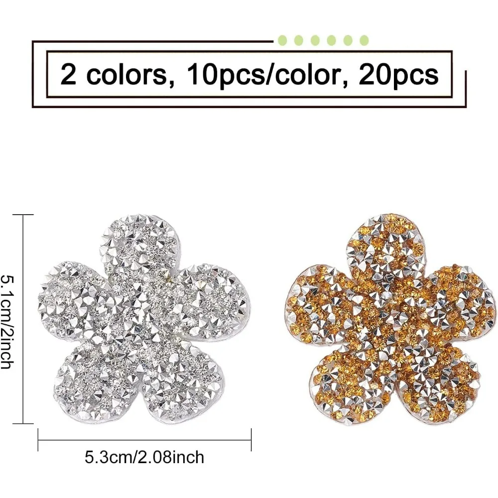 20 Pcs Flower Rhinestone Patches (Gold Silver) Crystal Iron/Sew on Patches Hot Melt Adhesive Applique Decoration Patche for