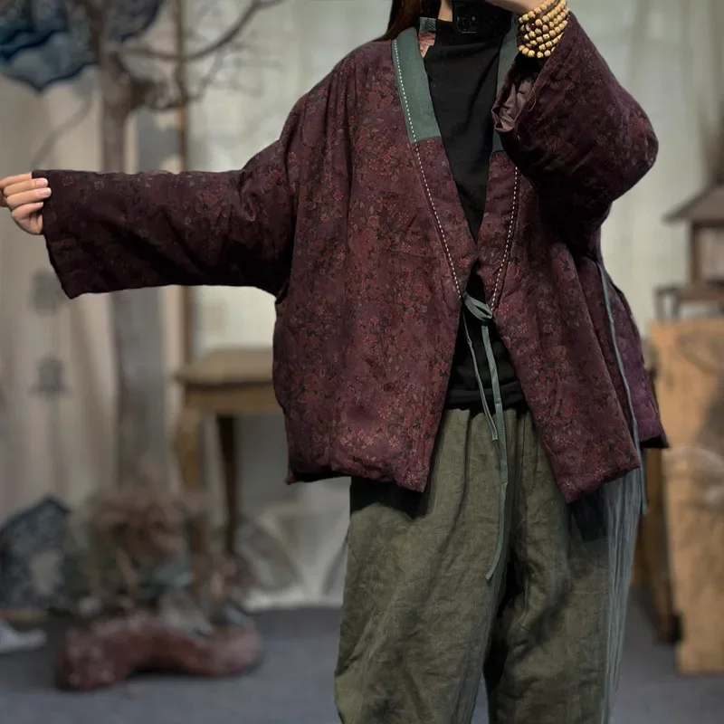 

High-End Linen Printed Women's Lightweight Hanfu Cotton-Padded Autumn Winter Cotton-Linen Patchwork Loose Clip Cotton Short Coat