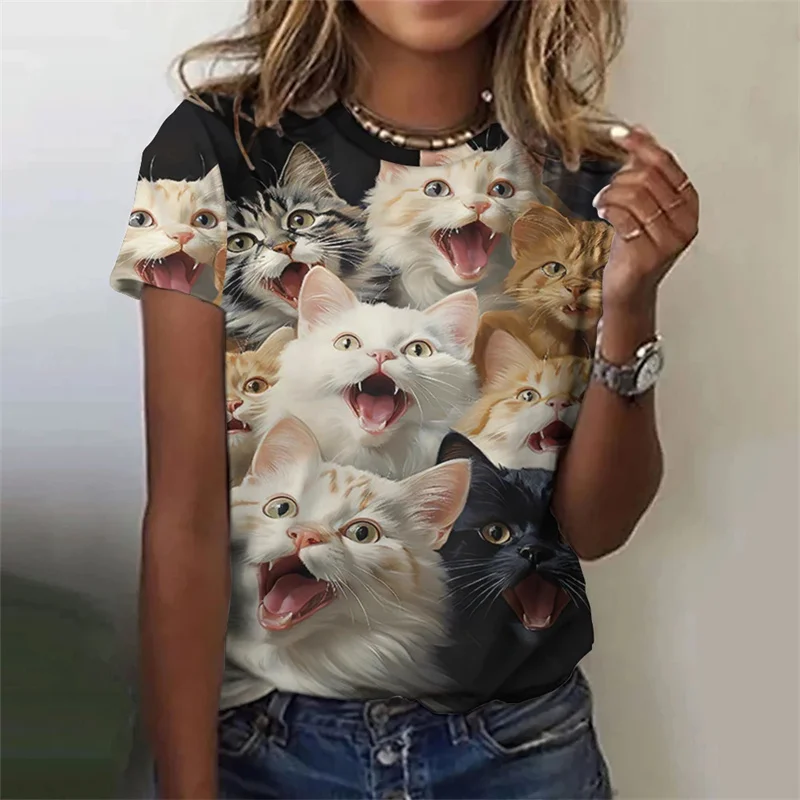 Cat Animals Women Funny Graphs T Shirts Summer Fashion Short Sleeve Tops Street Slim Girl T-Shirt XS-6XL Tee Shirts Clothes