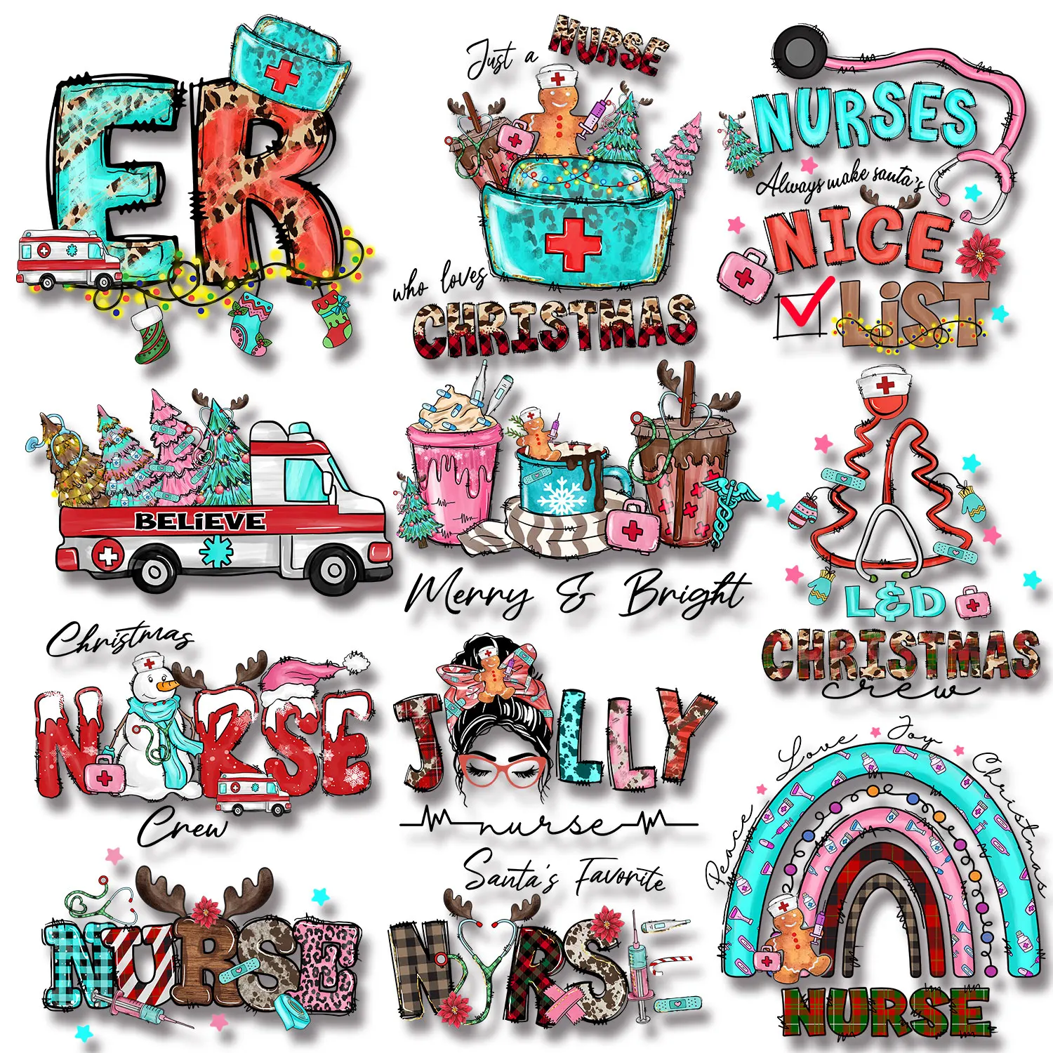 Merry & Bright Christmas Nurse  Iron on Transfers Patches for Clothing Garment Accessories Easy to Use Diy Craft