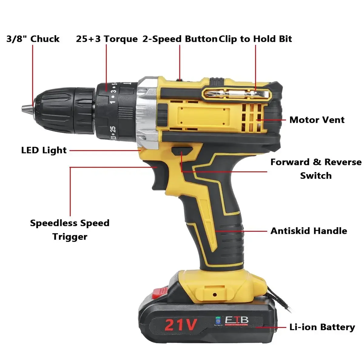 10mm Cordless Impact Drill Electric Screwdriver Rechargeable Handheld Hammer Drill Power Tool 25+3 Torque Driver Li-ion Battery