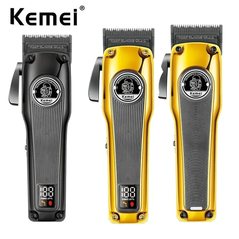 Kemei Barber Hair Clipper Brushless Motor Hair Trimmer Rechargeable Cordless Electric Taper Hair Cutting Machine DLC Fade Blade