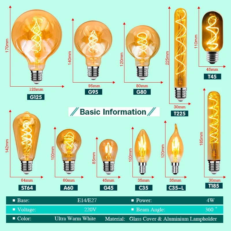 Retro LED Edison Lâmpada, Lâmpada de vidro, Lâmpada Vintage, Filamento Led Espiral, C35, G45, T45, A60, ST64, T225, G80, G95, G125, E27, E14, 4W, AC220V