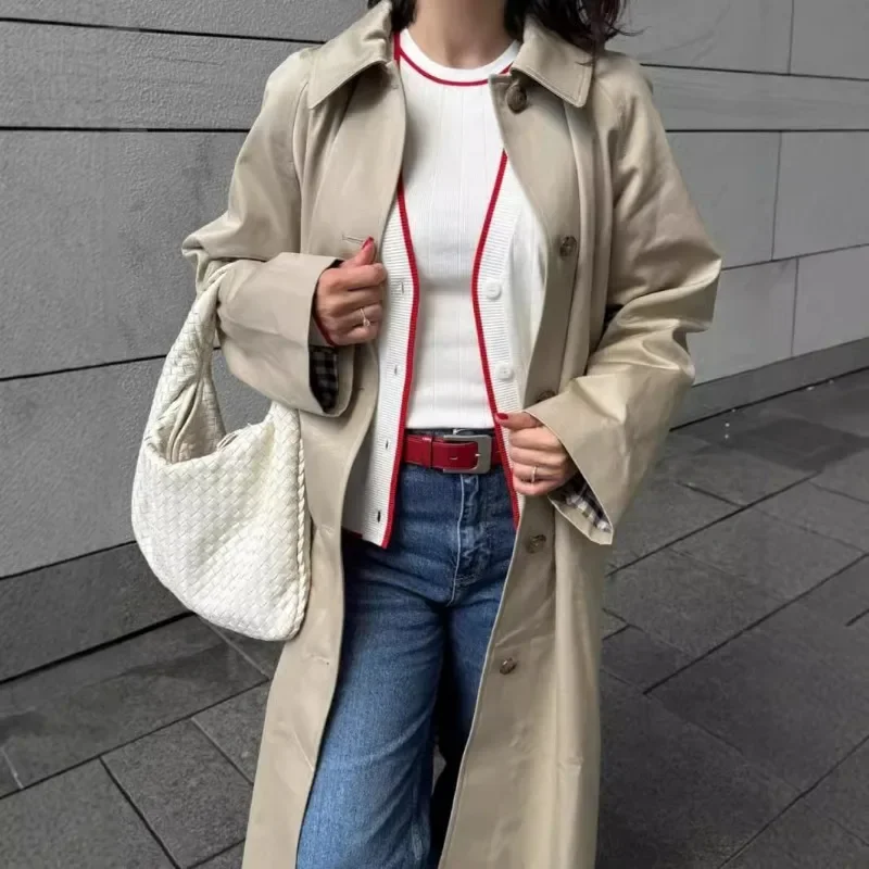 Laxsesu Single Breasted Long Trench for Women Autumn Polo Neck Long Sleeve Elegant Jacket Coat Streetwear Women's Clothing 2024