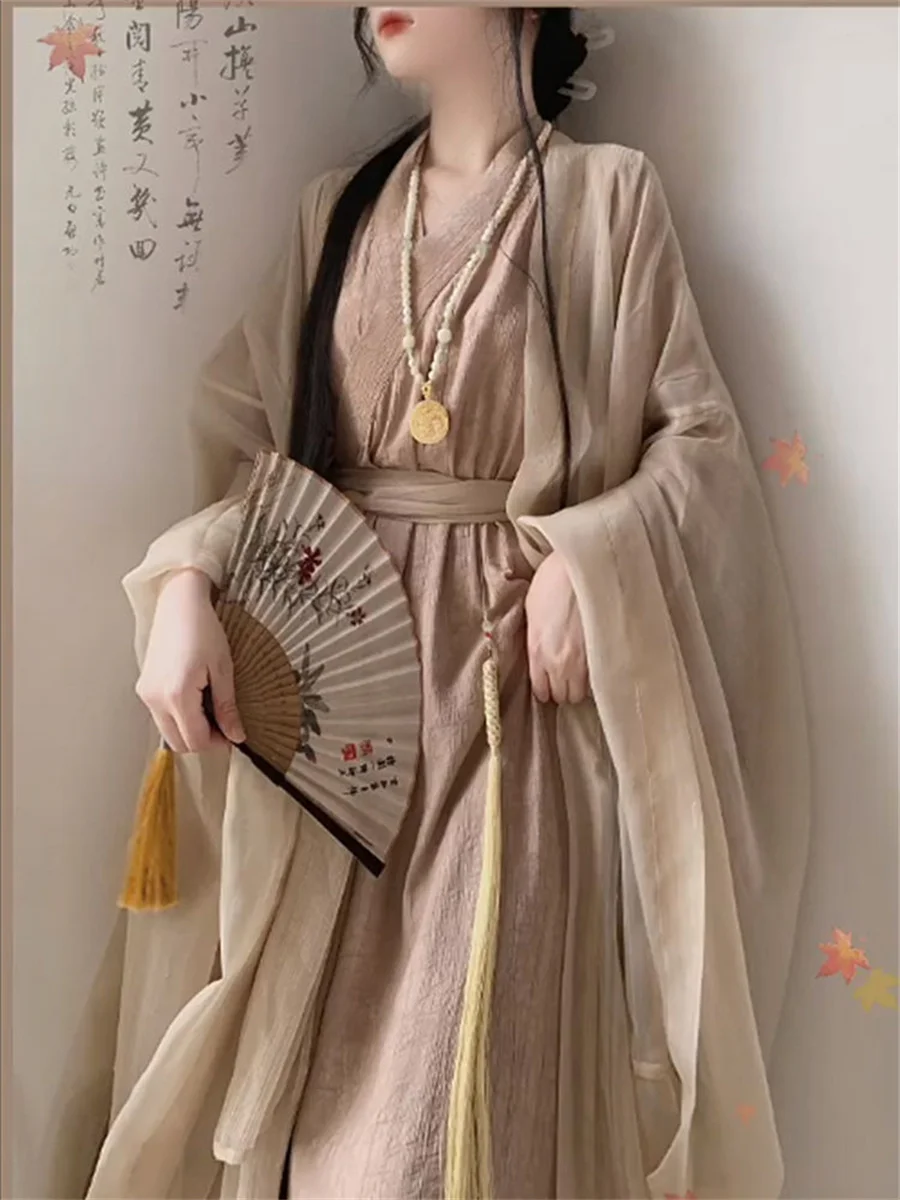 Vestido chinês tradicional hanfu para mulheres, algodão e linho, traje cosplay de halloween, roupas domésticas, plus size, 2 peças, outono