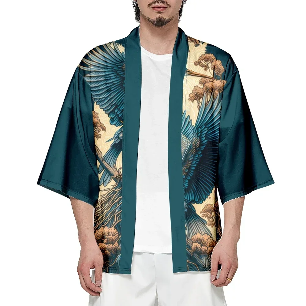 Japanese Crane Pattern Casual Kimono Summer Beach Shirt Cardigan Haori 2024 Traditional Yukata Oversized Top for Men and Women