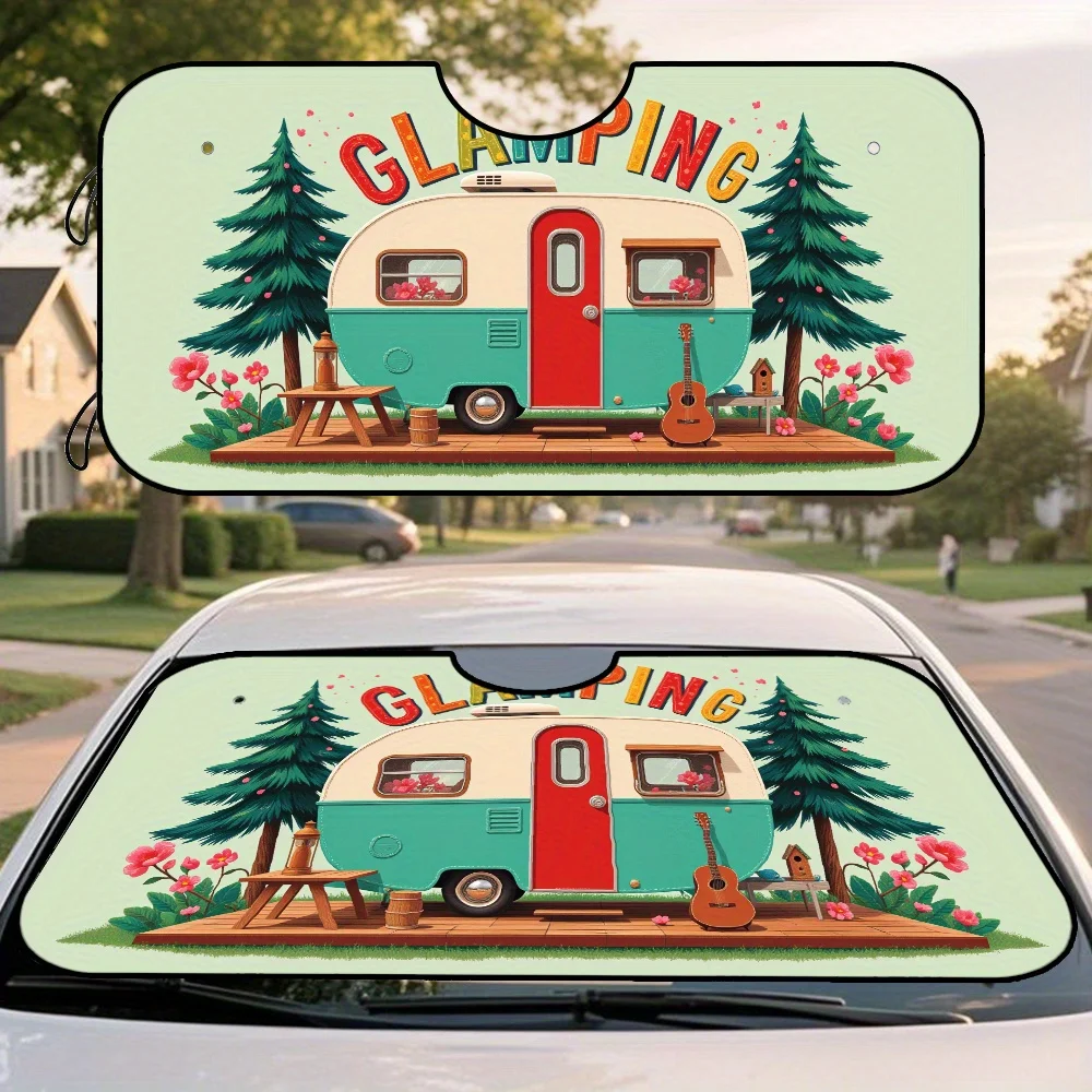 

1pc Vintage Camper & Nature Scene Car Sunshade For Front Windshield - Universal Fit, Polyester Fiber, Ideal For Work Commutes, W