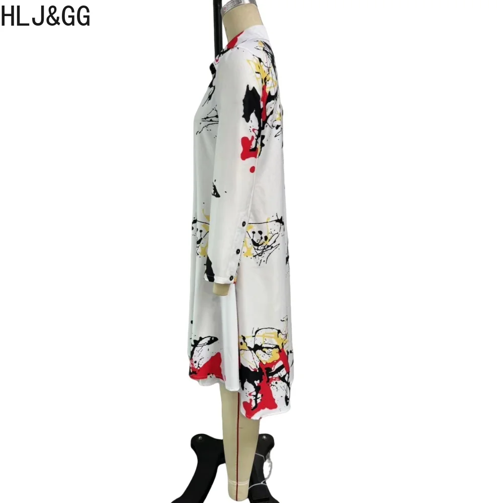 HLJ&GG White Casual Print Irregular Shirts Dresses Women Lapel Button Long Sleeve Loose Vestidos Autumn New Female OL Clothing