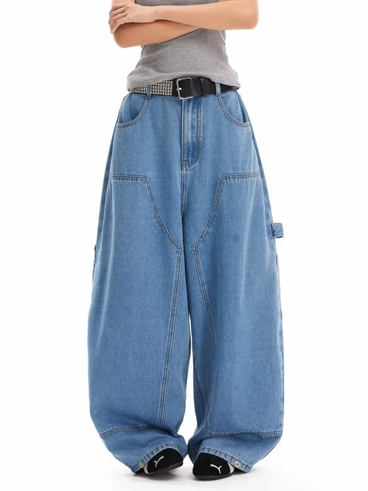 

2026 American Retro Y2K Streetwear Washed Blue Baggy Women's Jeans Pants For Woman Clothing Wide Leg Loose Luxury Denim Trousers