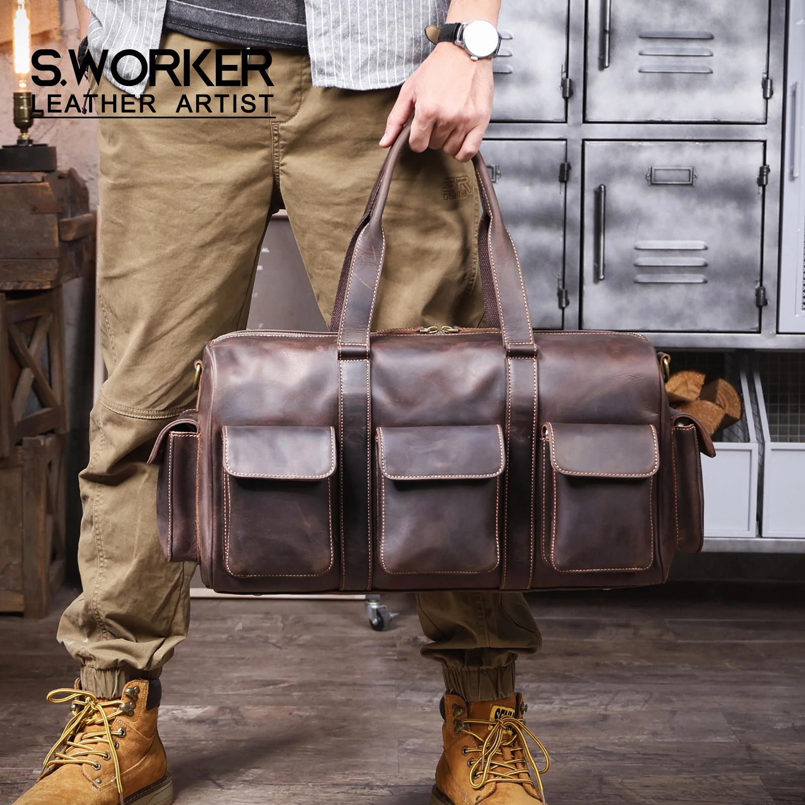 S.WORKER Große Kapazität Echtleder Vintage Rindsleder Reisetasche Weekender Herren Reisetasche Sporttasche Retro-Stil – Detail 2