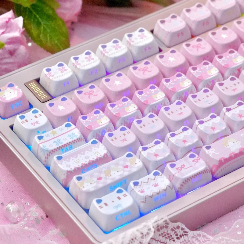 130 Key Cute Transparent Cat's Ears Keys Cap Cute Keycaps PBT MAO Profile for ANSI Mechanical Keyboard Made68 Mad68 Wooting 60
