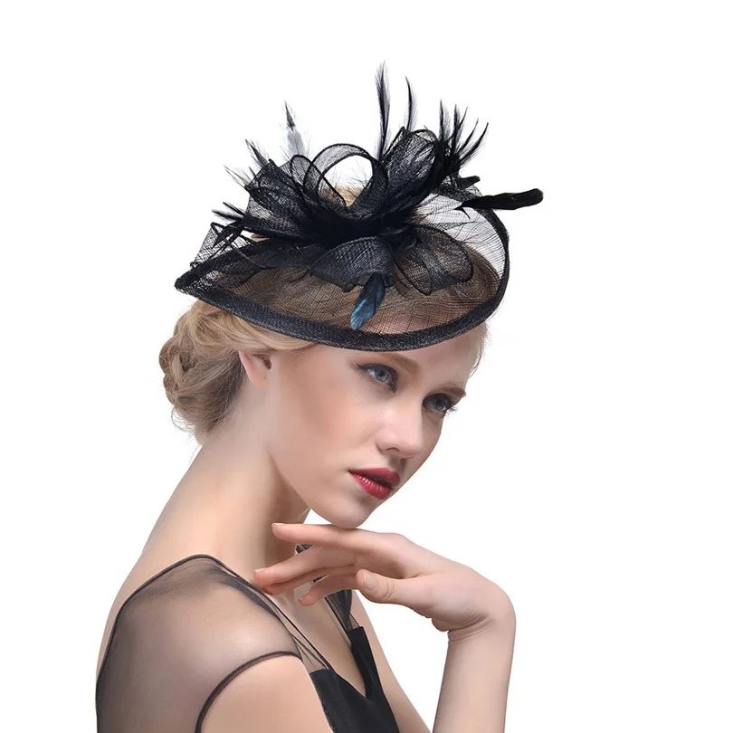 Fashion Mesh Fascinators Hat Women  Wedding Cocktail Tea Party Solid Flower Feather Fascinator Headwear Hair Clip