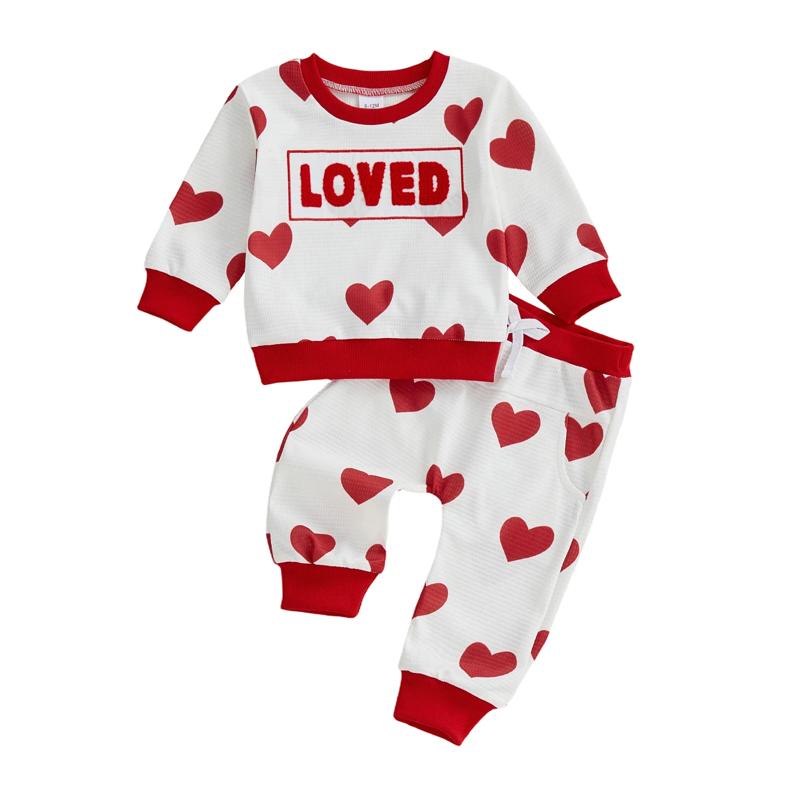 

ViSgogo Одежда для маленьких мальчиков на День святого Валентина, комплект из толстовки с круглым вырезом и длинными рукавами с буквенным принтом в форме сердца и брюк для бега