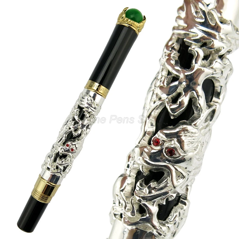 Jinhao Brilliant Ancient Silver Dragon King Carving Embossing Gold Trim Roller Ball Pen Professional Office Stationery Writing