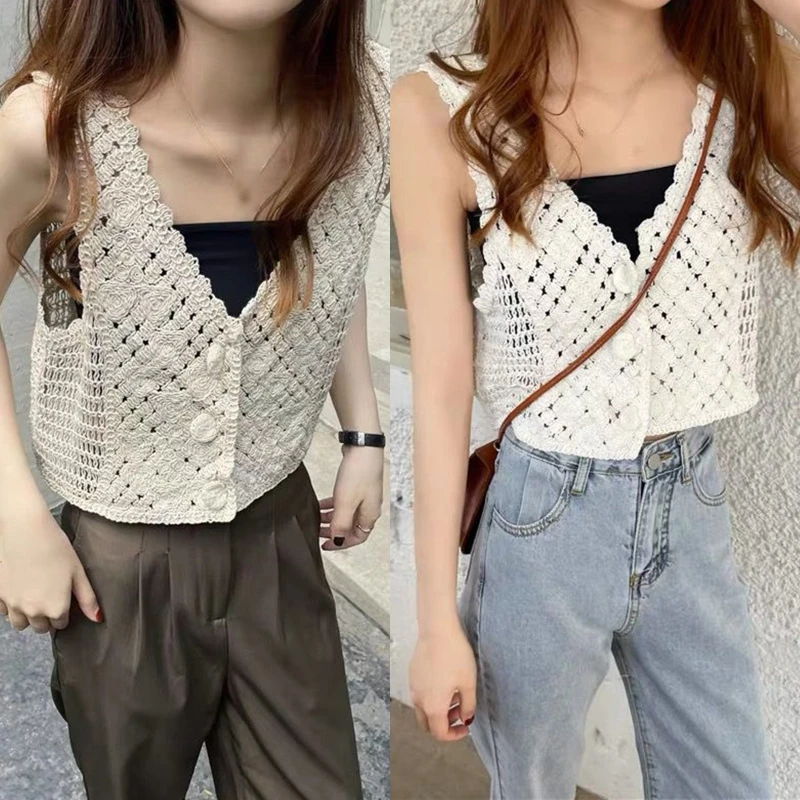 Vintage Sweet Cotton Cardigan Waistcoats Women Sleeveless Tops Crochet est Camisole  Collar for  Girls Students