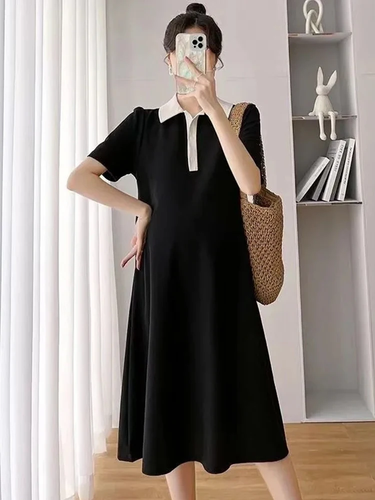 Maternity Summer Dress Set Korean Polo Shirt Maternity Dress Preppy Style Solid Color Dress Stretched Maternity Casual Dress